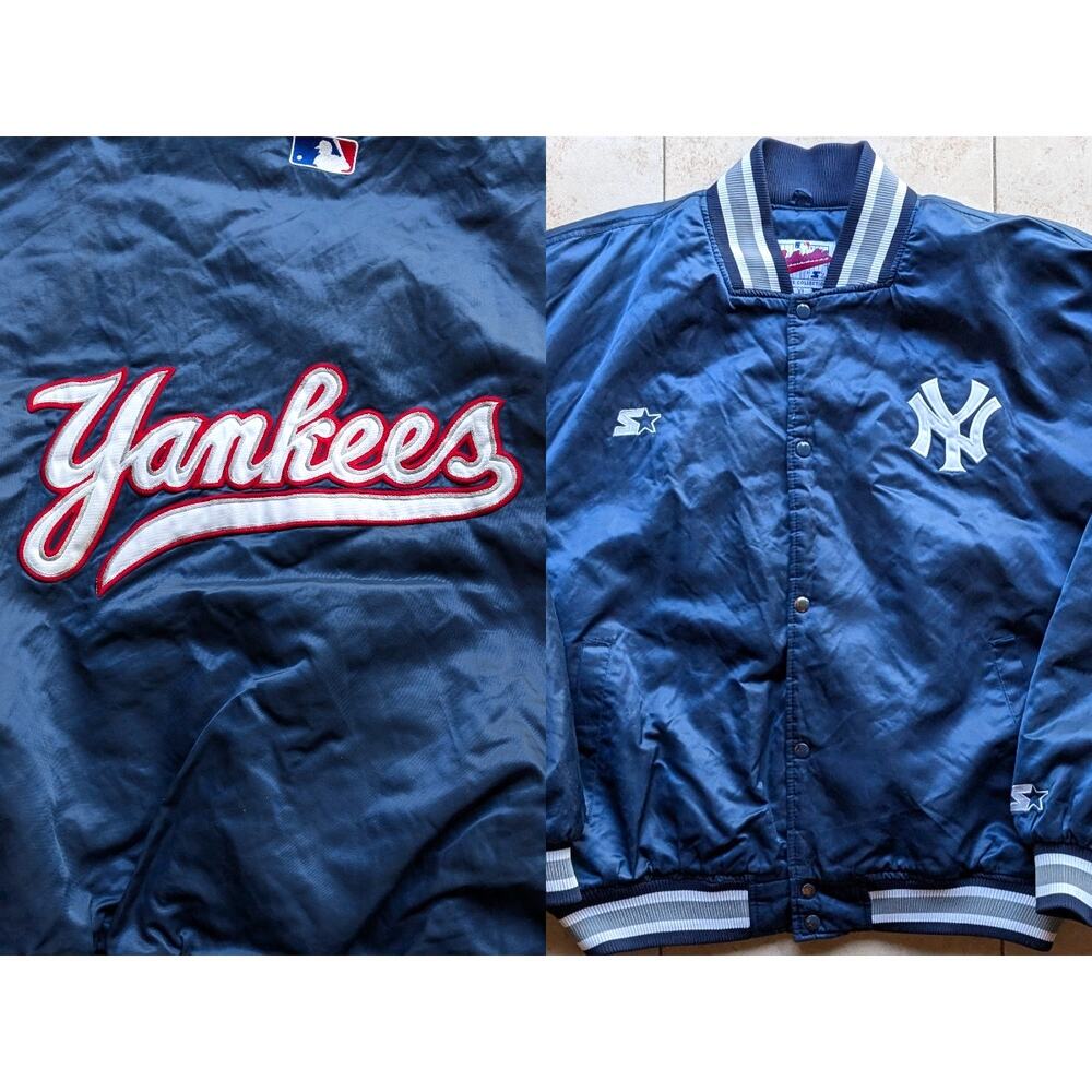 NY Yankees 90s STARTER satin bomber Diamond jacket Red SCRIPT XL navy MLB vtg